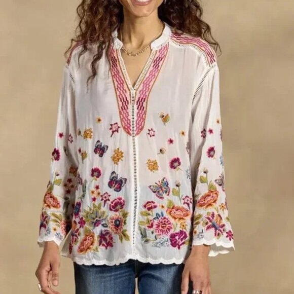 Johnny Was Maude Blouse Mathilde Embroidered Floral Butterfly Rayon Top Cream - Picture 2 of 4